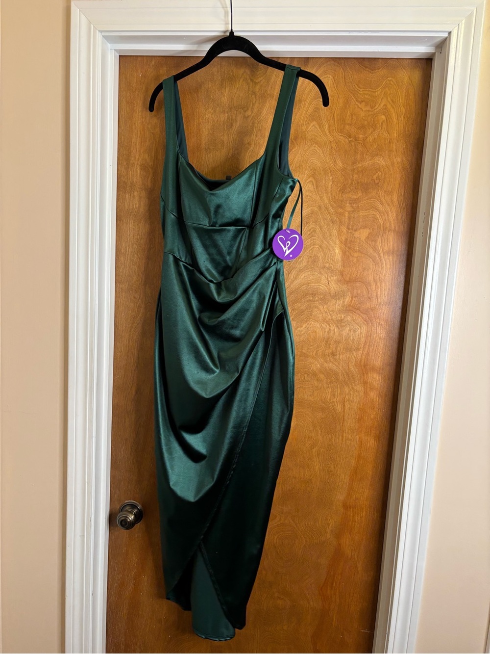 Windsor Emerald Green Satin Midi Dress with Draped Front